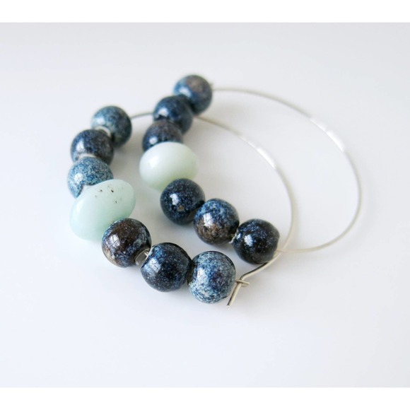 Eye of the Moon and Stars - Blue Speckled Ceramic SS Hoops Aventurine Gemstone - Picture 2 of 3